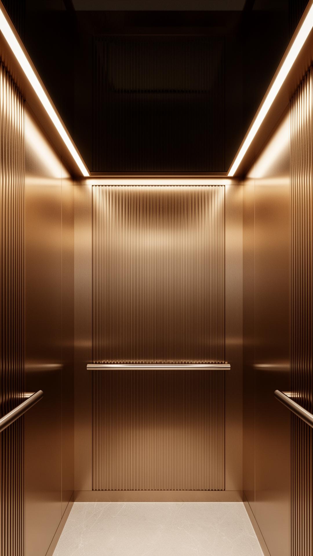 Inside a luxury bronze elevator cabin